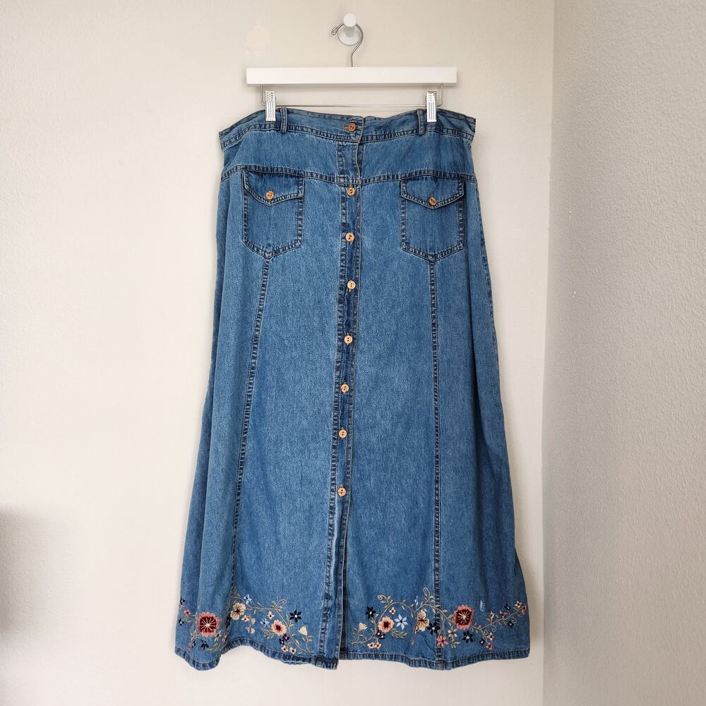 Vintage Y2K Floral Embroidered Denim Midi Skirt Button Up Boho Prairie XL 2X